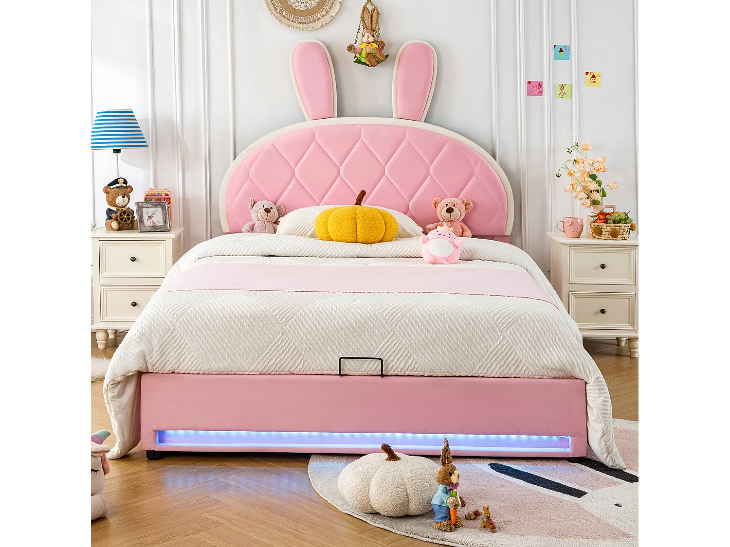 Łóżko z pojemnikiem 140 x 200 cm z regulowanym na wysokość zagłówkiem w kształcie królika - Aksamit - Stelaż z listew - Różowy