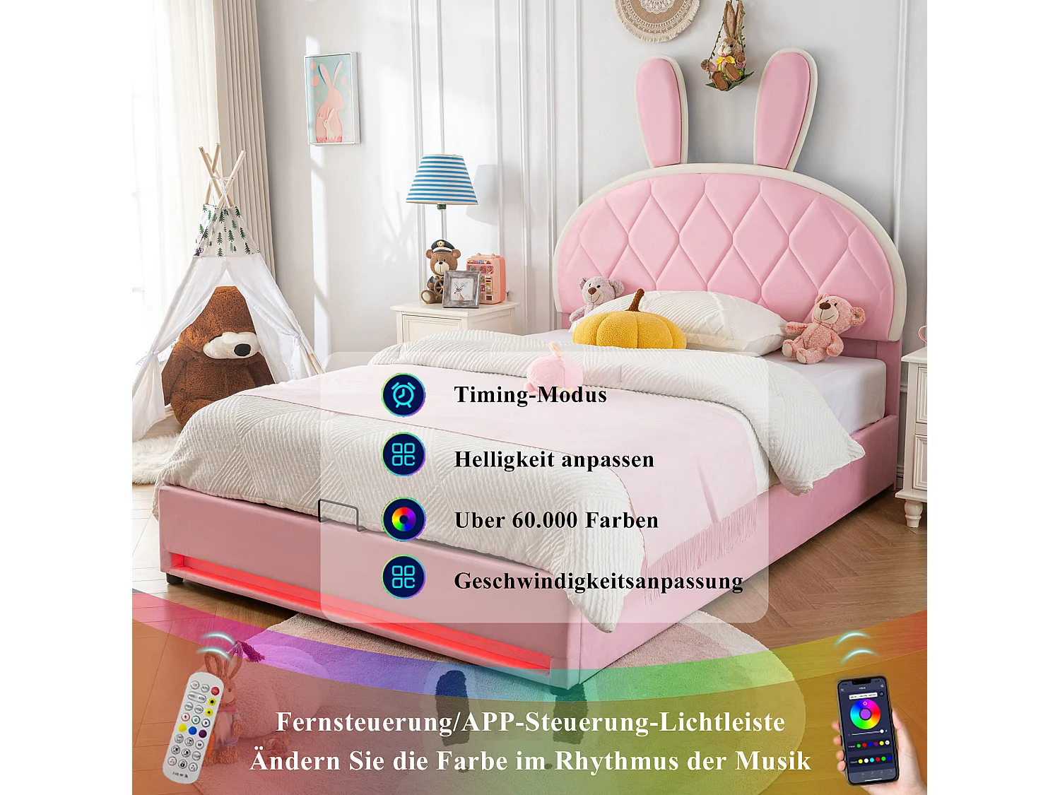 Łóżko z pojemnikiem 140 x 200 cm z regulowanym na wysokość zagłówkiem w kształcie królika - Aksamit - Stelaż z listew - Różowy