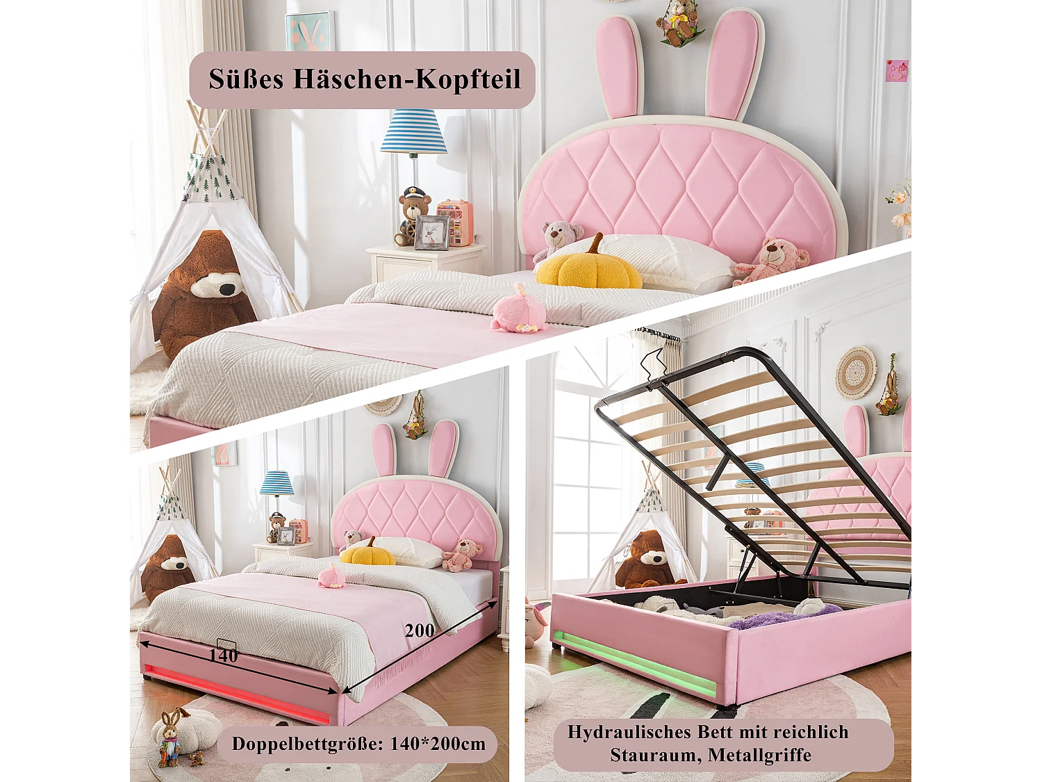 Łóżko z pojemnikiem 140 x 200 cm z regulowanym na wysokość zagłówkiem w kształcie królika - Aksamit - Stelaż z listew - Różowy