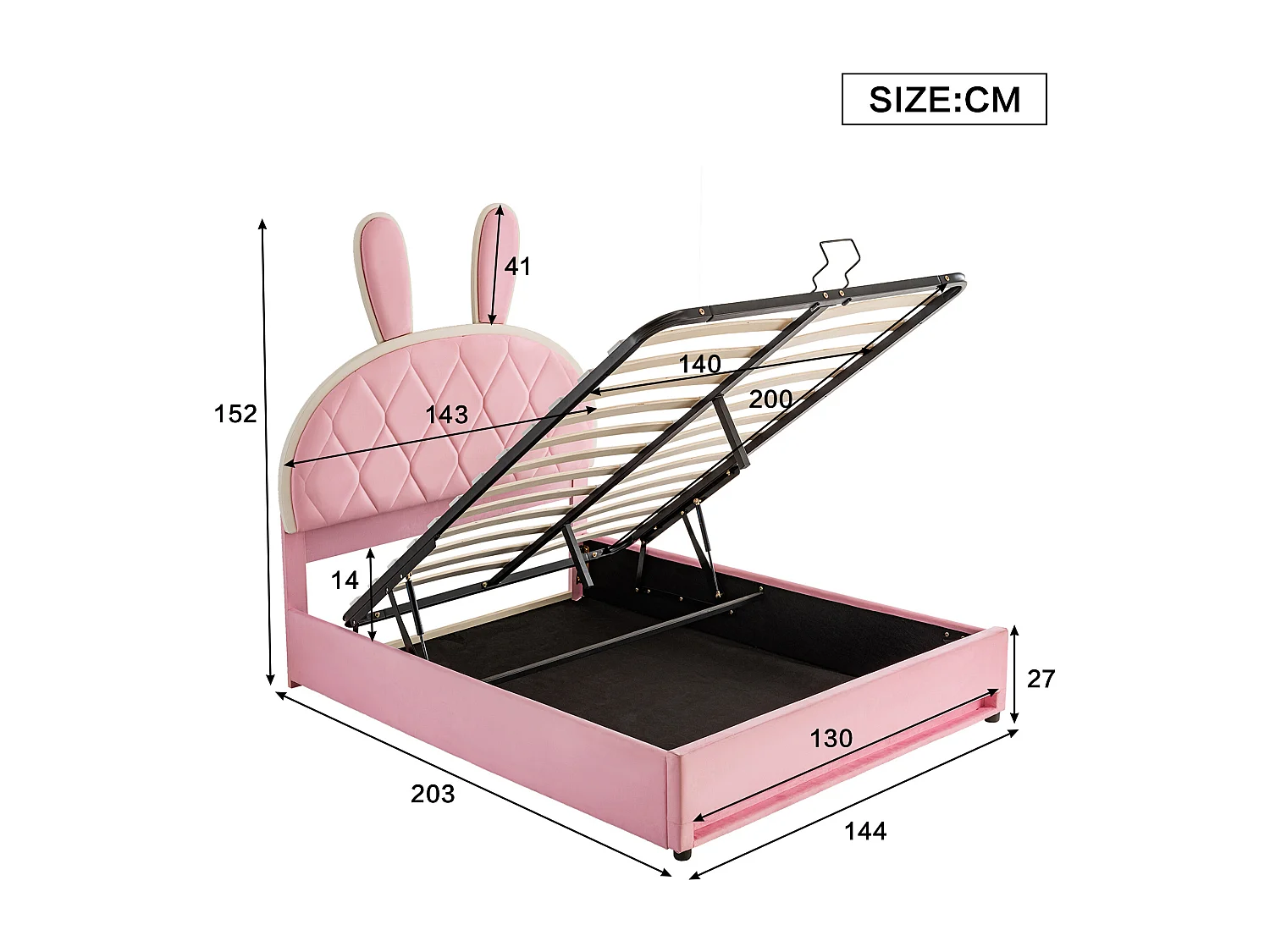 Łóżko z pojemnikiem 140 x 200 cm z regulowanym na wysokość zagłówkiem w kształcie królika - Aksamit - Stelaż z listew - Różowy