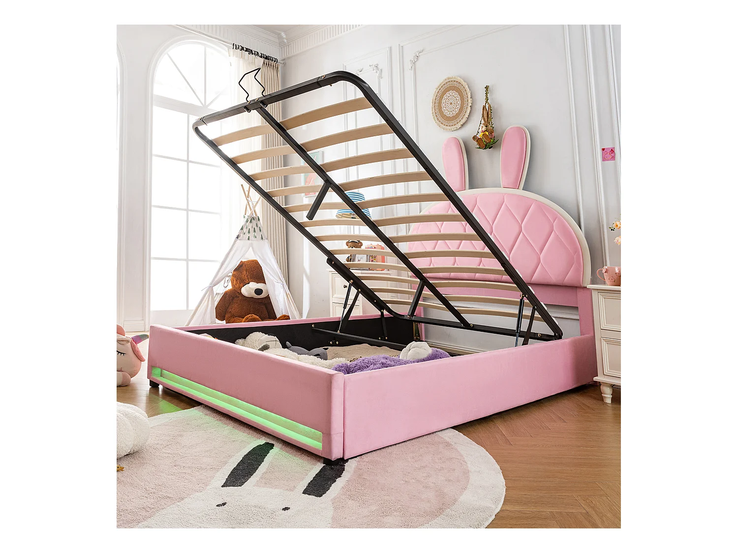 Lit coffre 140 x 200 cm avec tête de lit lapin réglable en hauteur - Velours - Sommier à lattes - Rose