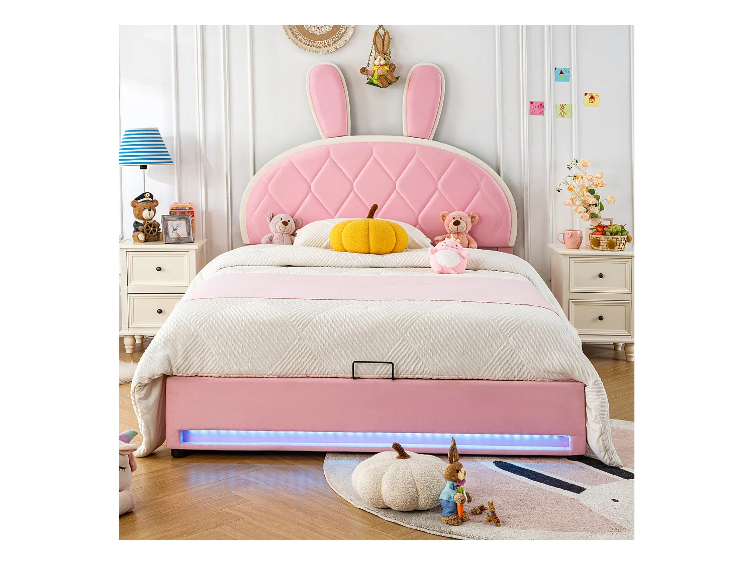 Lit coffre 140 x 200 cm avec tête de lit lapin réglable en hauteur - Velours - Sommier à lattes - Rose