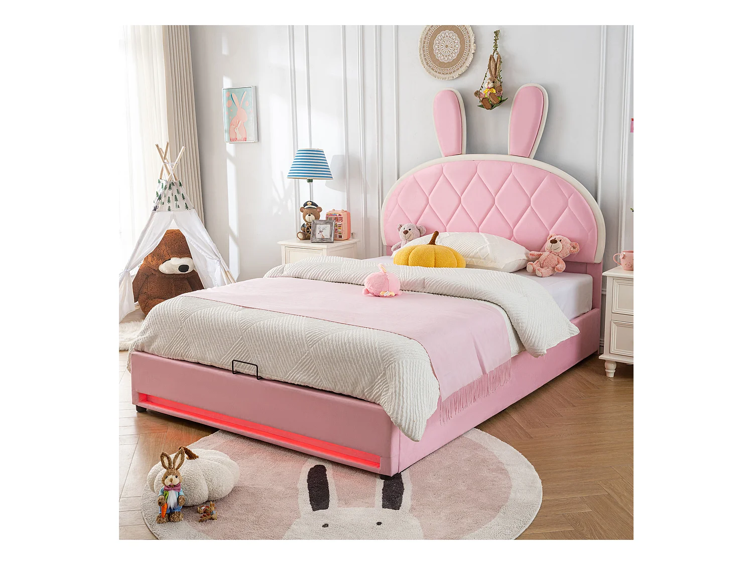 Lit coffre 140 x 200 cm avec tête de lit lapin réglable en hauteur - Velours - Sommier à lattes - Rose
