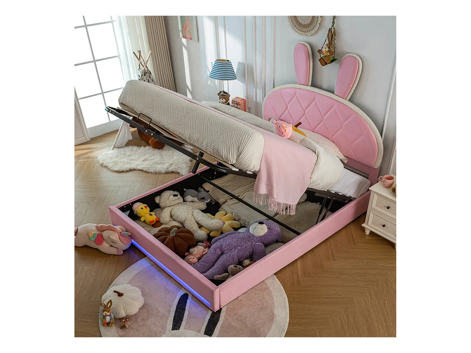 Lit coffre 140 x 200 cm avec tête de lit lapin réglable en hauteur - Velours - Sommier à lattes - Rose