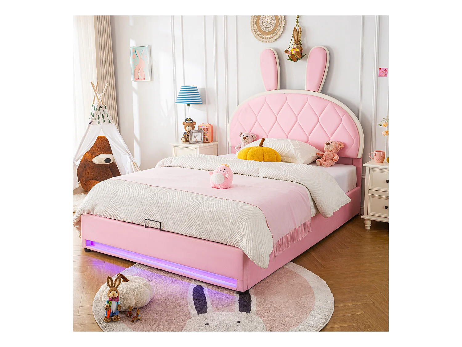 Lit coffre 140 x 200 cm avec tête de lit lapin réglable en hauteur - Velours - Sommier à lattes - Rose