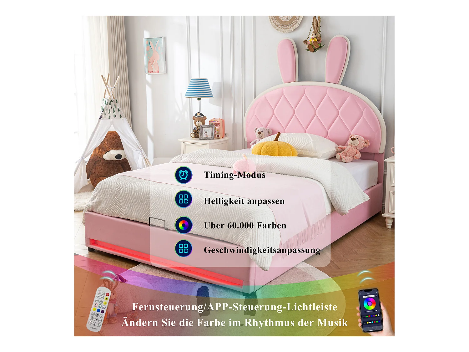 Lit coffre 140 x 200 cm avec tête de lit lapin réglable en hauteur - Velours - Sommier à lattes - Rose