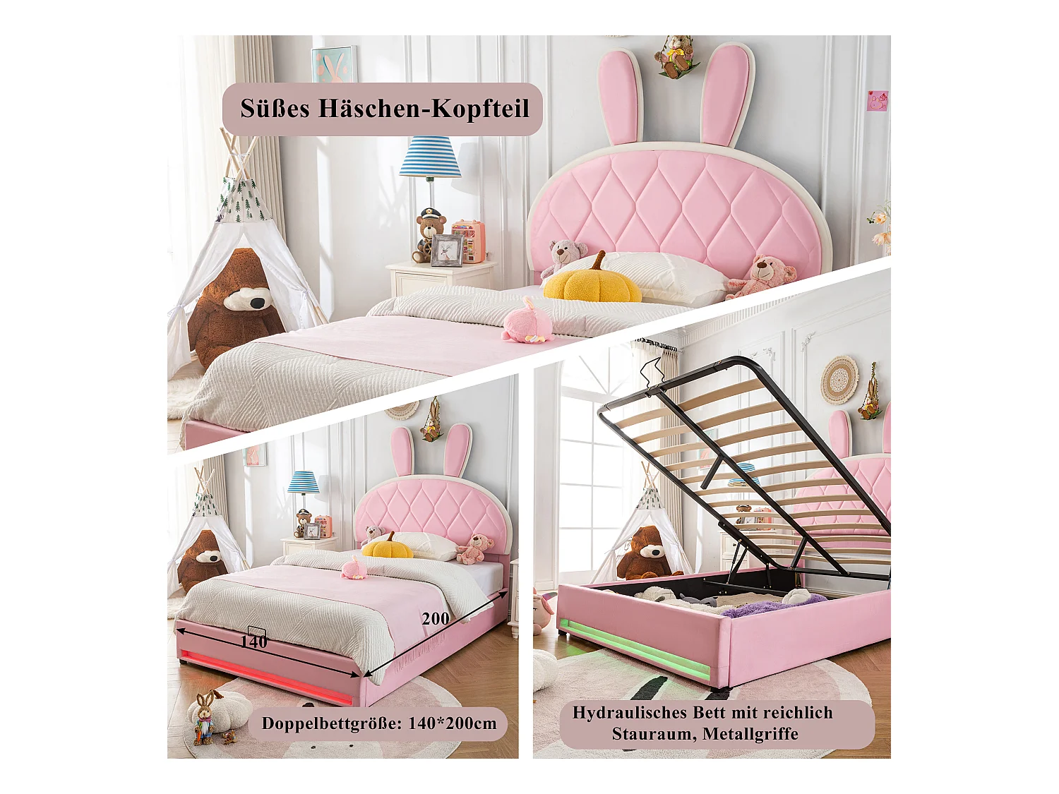 Lit coffre 140 x 200 cm avec tête de lit lapin réglable en hauteur - Velours - Sommier à lattes - Rose