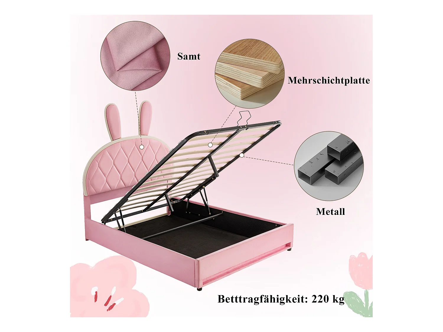 Lit coffre 140 x 200 cm avec tête de lit lapin réglable en hauteur - Velours - Sommier à lattes - Rose