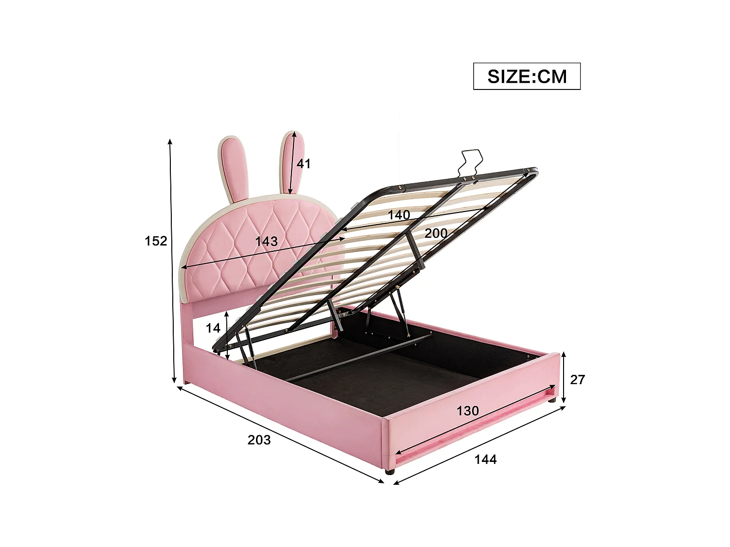 Lit coffre 140 x 200 cm avec tête de lit lapin réglable en hauteur - Velours - Sommier à lattes - Rose