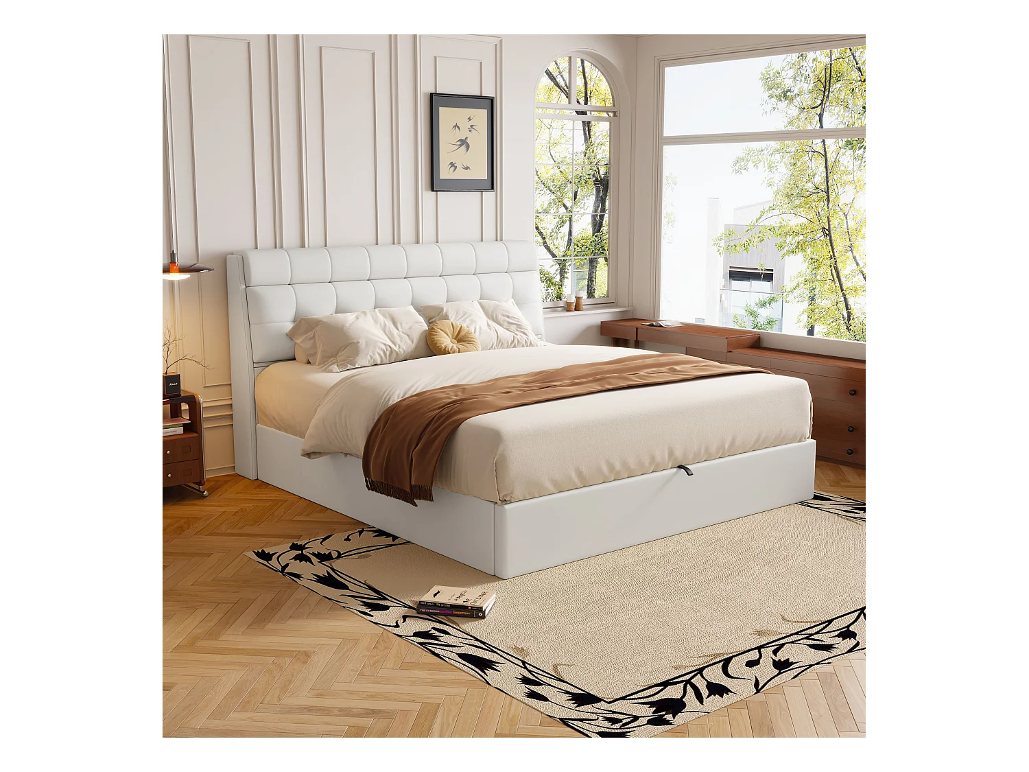 Lit coffre 140 x 190 cm avec tête de lit rangement - LEDs - Cuir PU - Blanc (sans matelas)