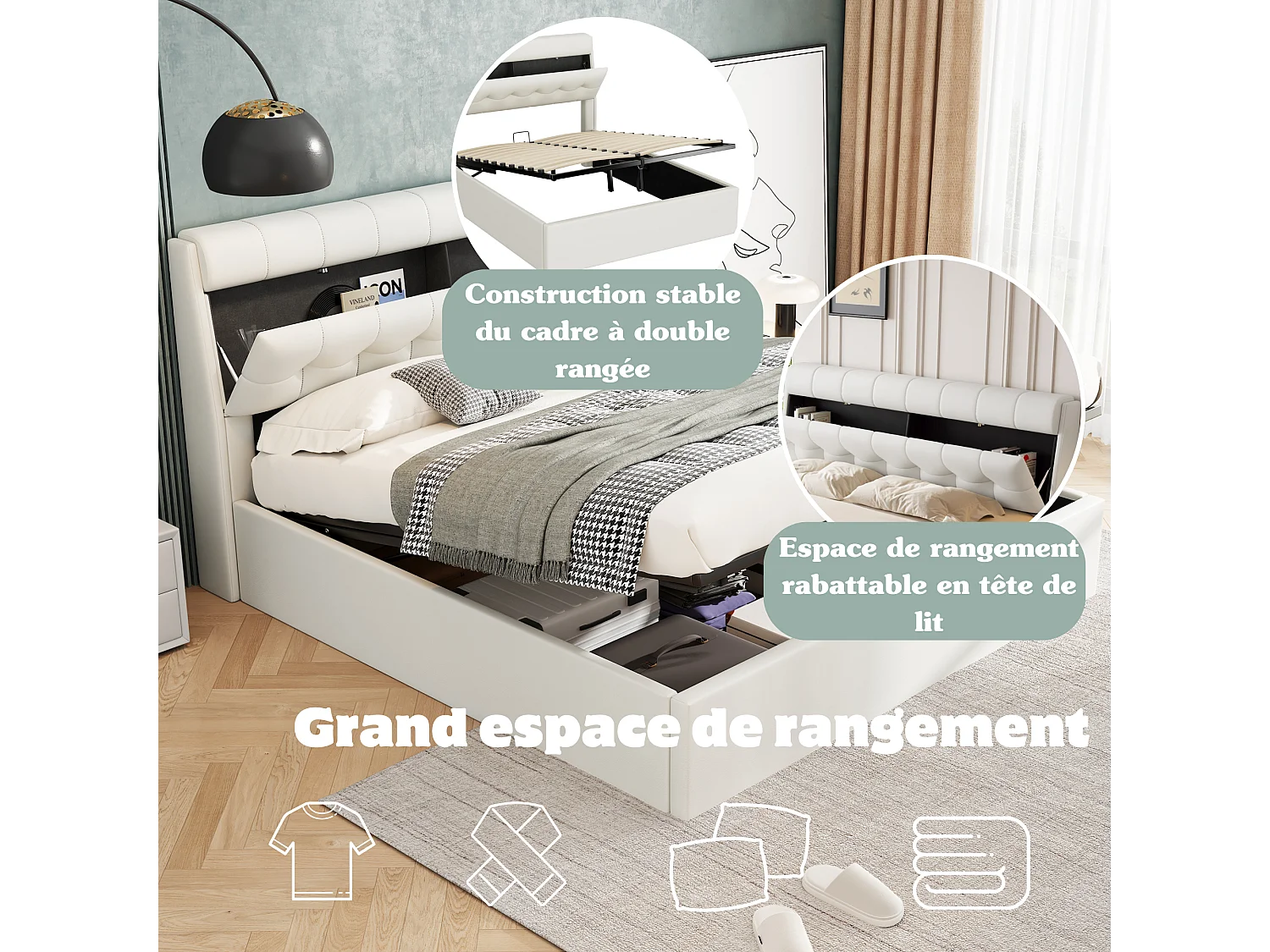 Lit coffre 140 x 190 cm avec tête de lit rangement - LEDs - Cuir PU - Blanc (sans matelas)