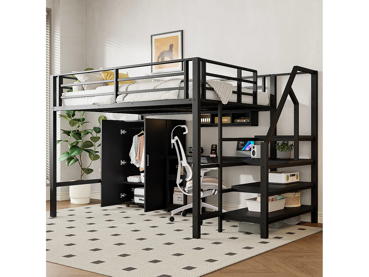 Hochbett 140 x 200 cm mit Schreibtisch, Kleiderschrank und Regalen - Metall + MDF - Schwarz (ohne Matratze)