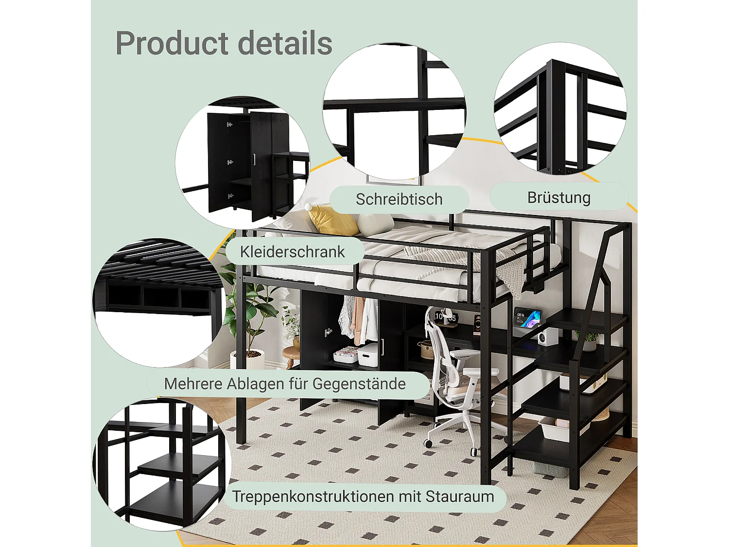 Hochbett 140 x 200 cm mit Schreibtisch, Kleiderschrank und Regalen - Metall + MDF - Schwarz (ohne Matratze)