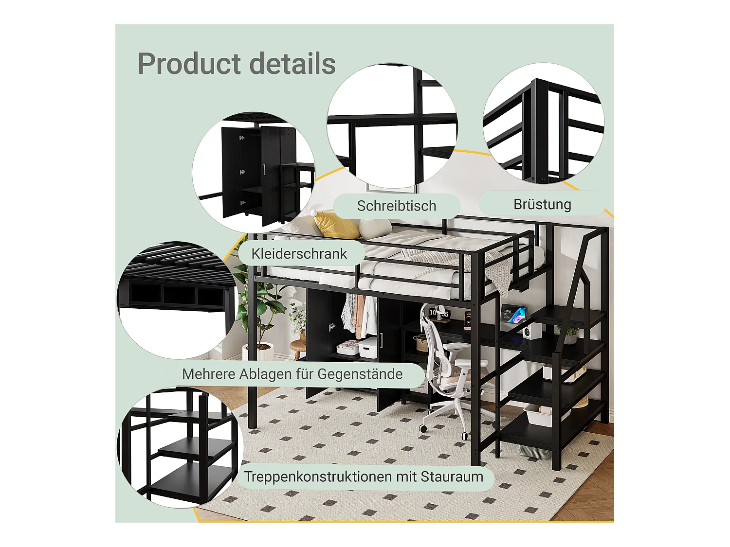 Hoogslaper 140 x 200 cm met bureau, kledingkast en planken - Metaal + MDF - Zwart (zonder matras)
