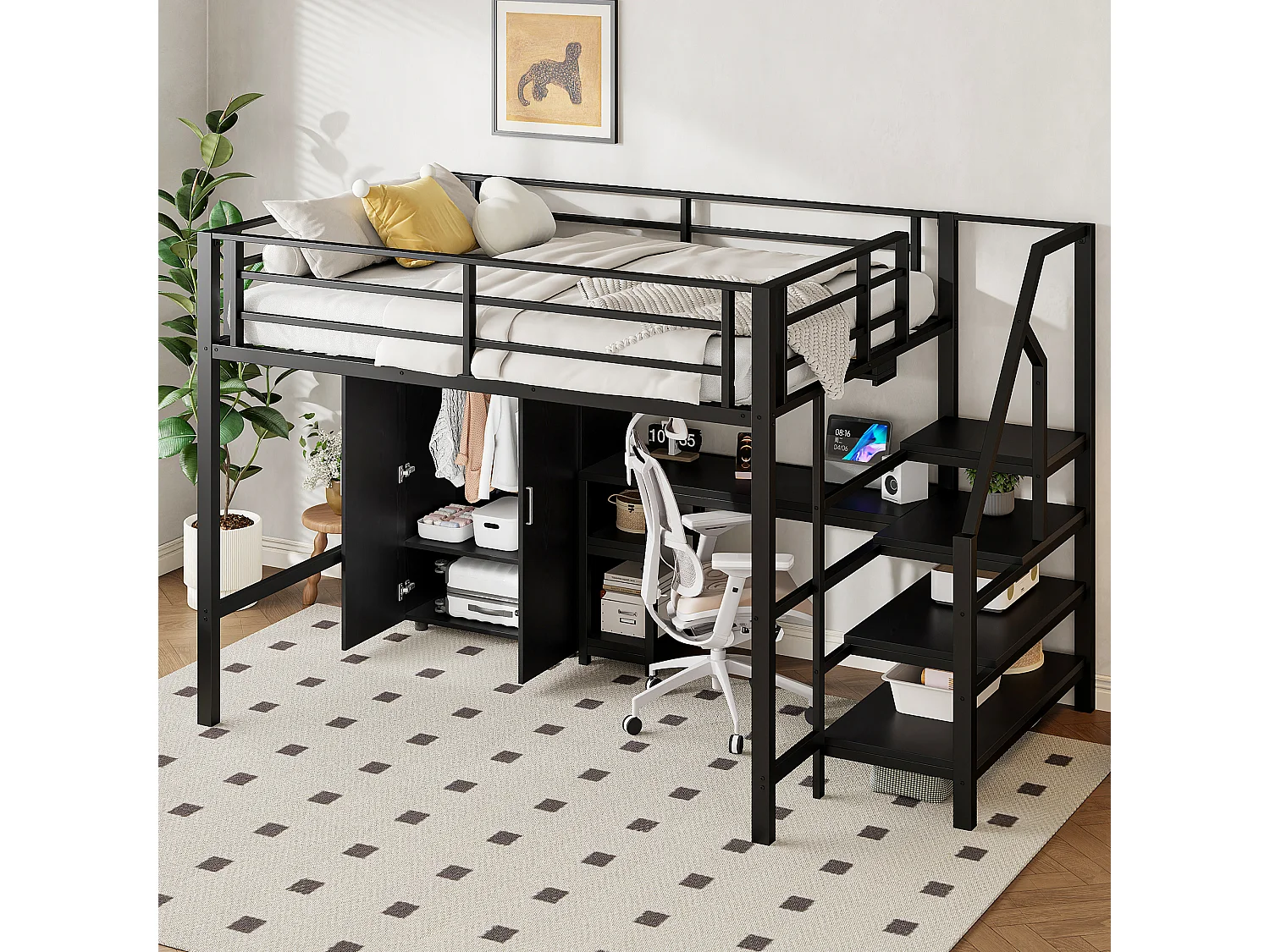 Hoogslaper 140 x 200 cm met bureau, kledingkast en planken - Metaal + MDF - Zwart (zonder matras)