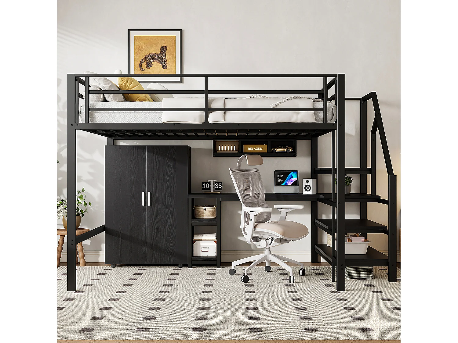 Hoogslaper 140 x 200 cm met bureau, kledingkast en planken - Metaal + MDF - Zwart (zonder matras)