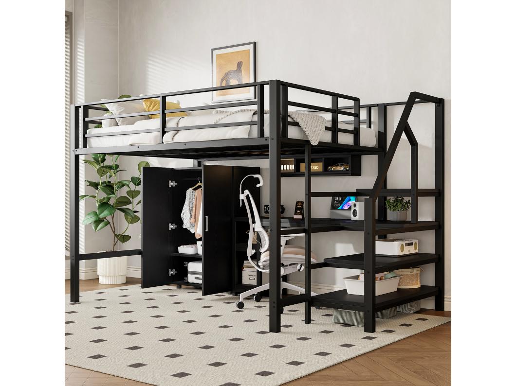 Hoogslaper 140 x 200 cm met bureau, kledingkast en planken - Metaal + MDF - Zwart (zonder matras)