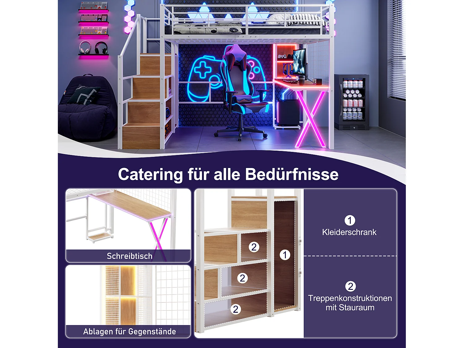 Lit mezzanine 140 x 200 cm avec bureau, penderie, étagères - Lumière d'ambiance - Métal - Blanc (sans matelas)