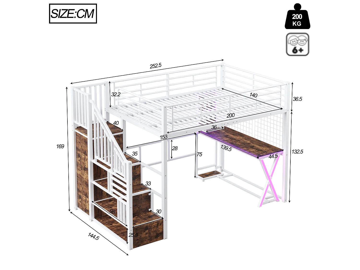 Lit mezzanine 140 x 200 cm avec bureau, penderie, étagères - Lumière d'ambiance - Métal - Blanc (sans matelas)