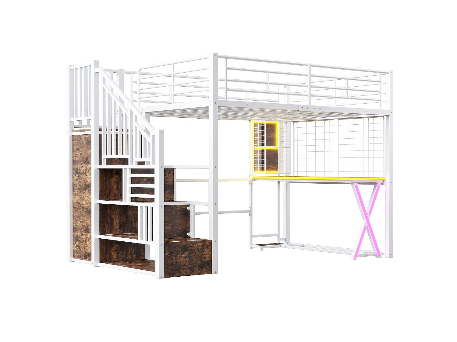 Lit mezzanine 140 x 200 cm avec bureau, penderie, étagères - Lumière d'ambiance - Métal - Blanc (sans matelas)