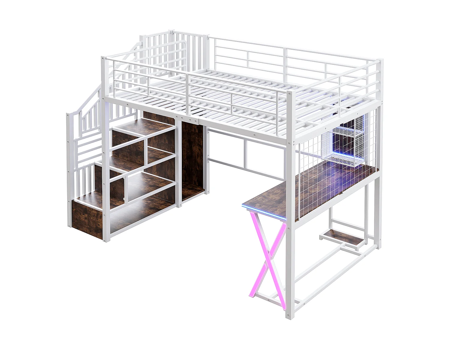 Lit mezzanine 140 x 200 cm avec bureau, penderie, étagères - Lumière d'ambiance - Métal - Blanc (sans matelas)