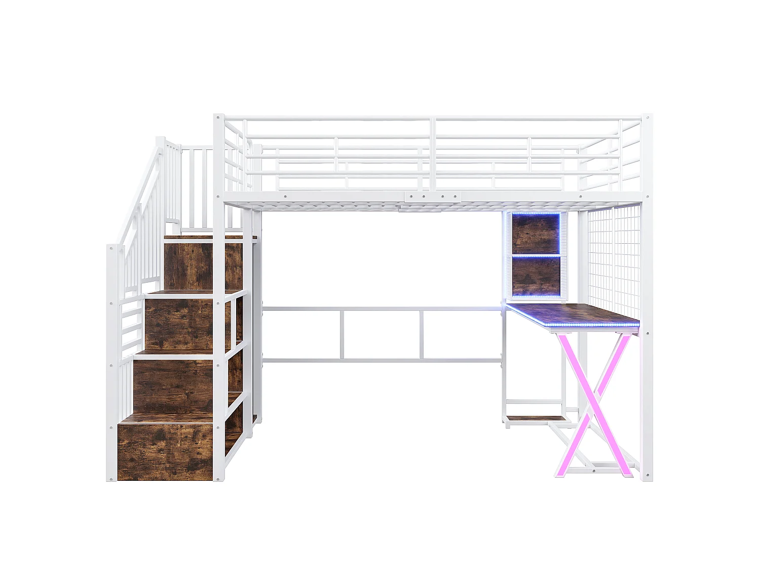Lit mezzanine 140 x 200 cm avec bureau, penderie, étagères - Lumière d'ambiance - Métal - Blanc (sans matelas)