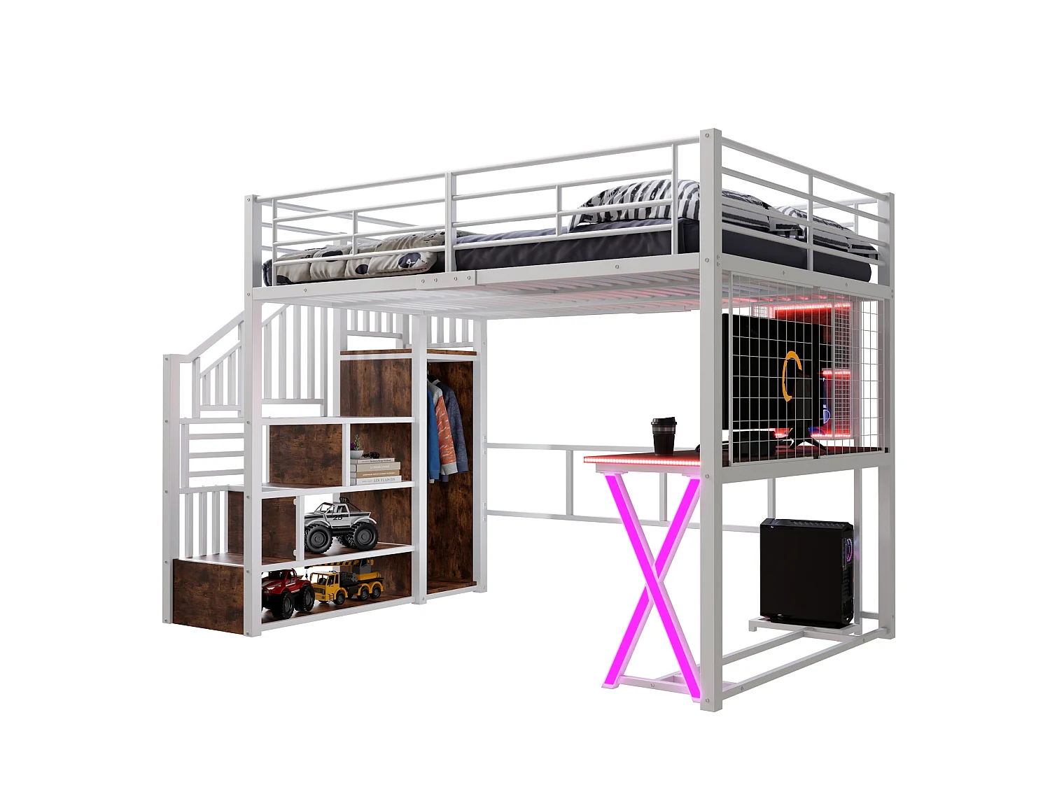 Lit mezzanine 140 x 200 cm avec bureau, penderie, étagères - Lumière d'ambiance - Métal - Blanc (sans matelas)