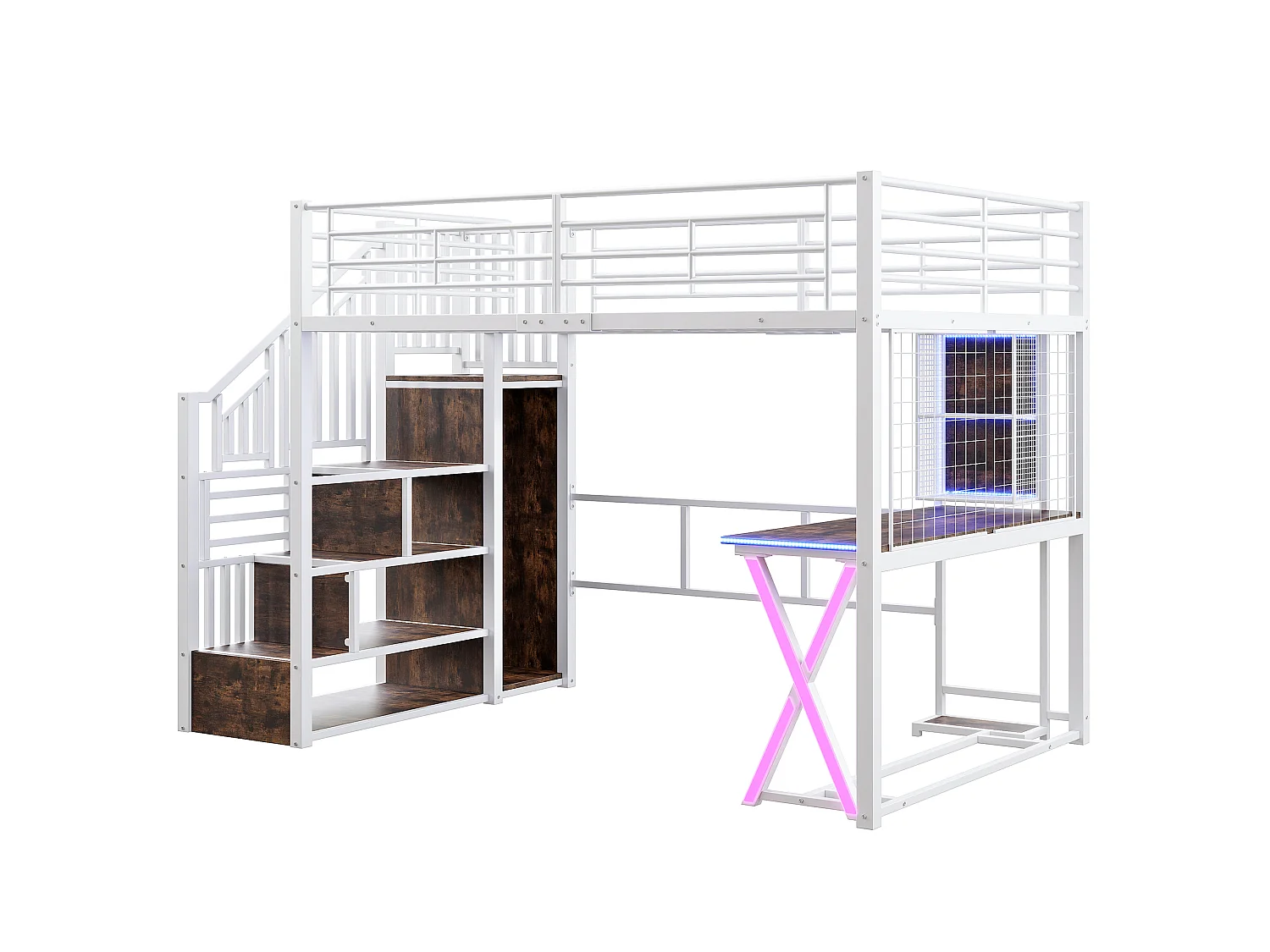 Lit mezzanine 140 x 200 cm avec bureau, penderie, étagères - Lumière d'ambiance - Métal - Blanc (sans matelas)