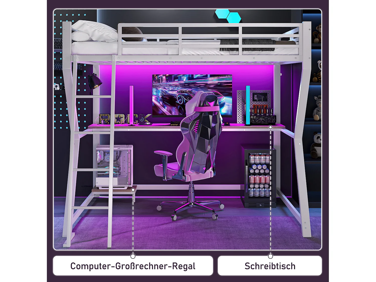 Lit mezzanine 90 x 200 cm avec bureau, prise+USB et étagères - Lumière d'ambiance - Métal - Blanc (sans matelas)