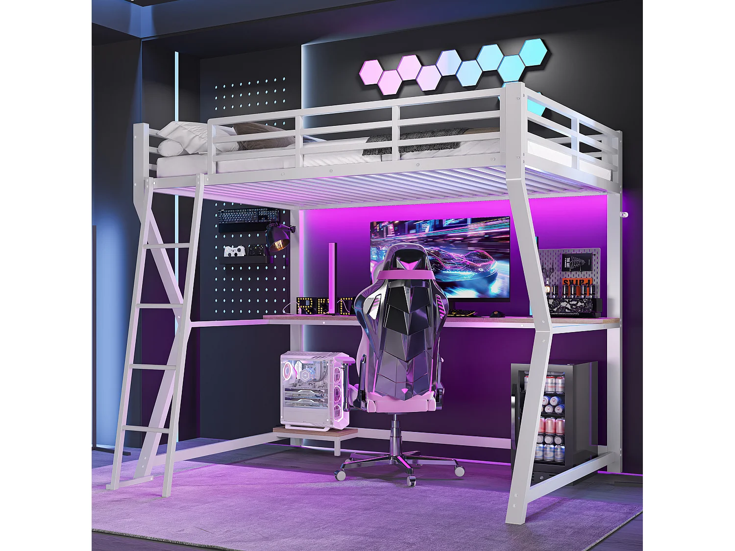 Lit mezzanine 90 x 200 cm avec bureau, prise+USB et étagères - Lumière d'ambiance - Métal - Blanc (sans matelas)