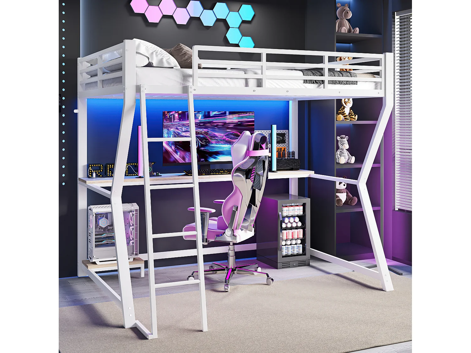 Lit mezzanine 90 x 200 cm avec bureau, prise+USB et étagères - Lumière d'ambiance - Métal - Blanc (sans matelas)