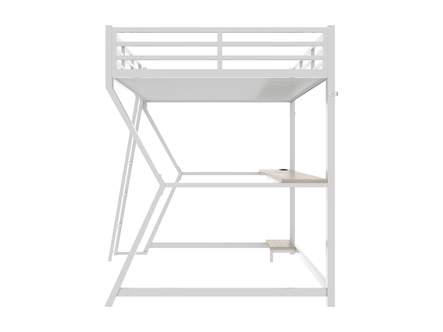 Lit mezzanine 90 x 200 cm avec bureau, prise+USB et étagères - Lumière d'ambiance - Métal - Blanc (sans matelas)