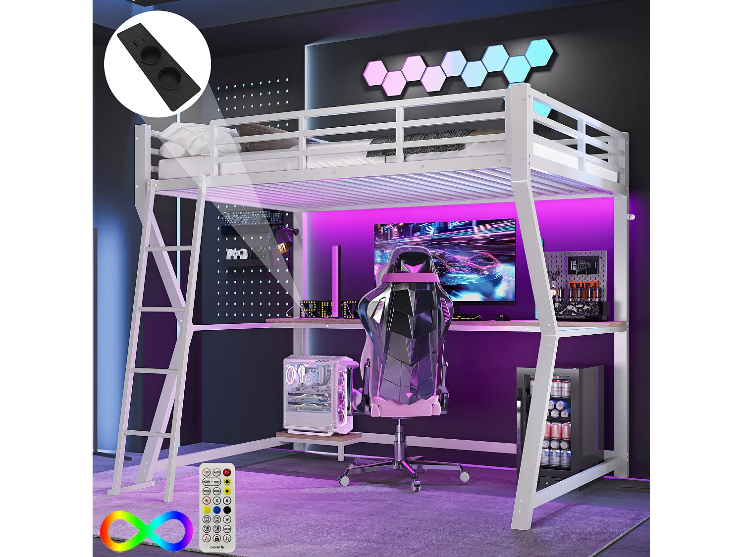 Hoogslaper 90 x 200 cm met bureau, stopcontact + USB en planken - Sfeerverlichting - Metaal - Wit (zonder matras)