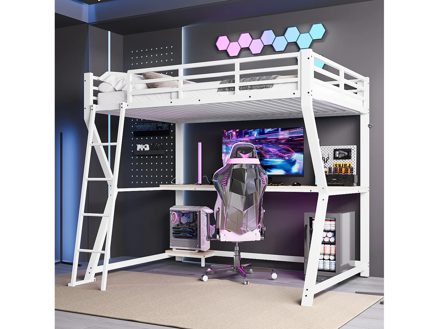 Lit mezzanine 90 x 200 cm avec bureau, prise+USB et étagères - Lumière d'ambiance - Métal - Blanc (sans matelas)