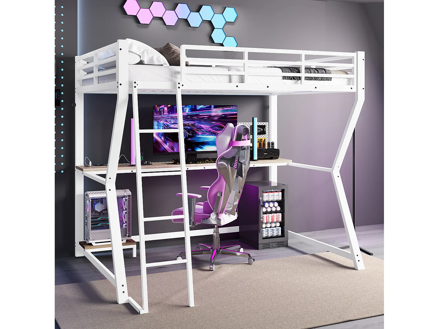 Lit mezzanine 90 x 200 cm avec bureau, prise+USB et étagères - Lumière d'ambiance - Métal - Blanc (sans matelas)