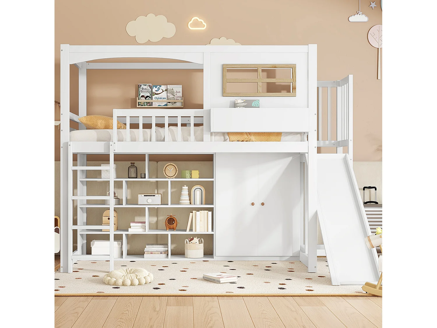 Hochbett 90 x 200 cm mit Rutsche, Kleiderschrank und Bücherregal – Kiefer + MDF + Sperrholz – Lattenrost – Weiß