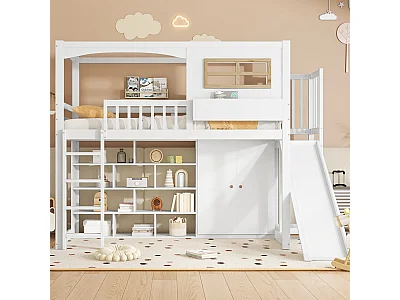 Hochbett 90 x 200 cm mit Rutsche, Kleiderschrank und Bücherregal – Kiefer + MDF + Sperrholz – Lattenrost – Weiß