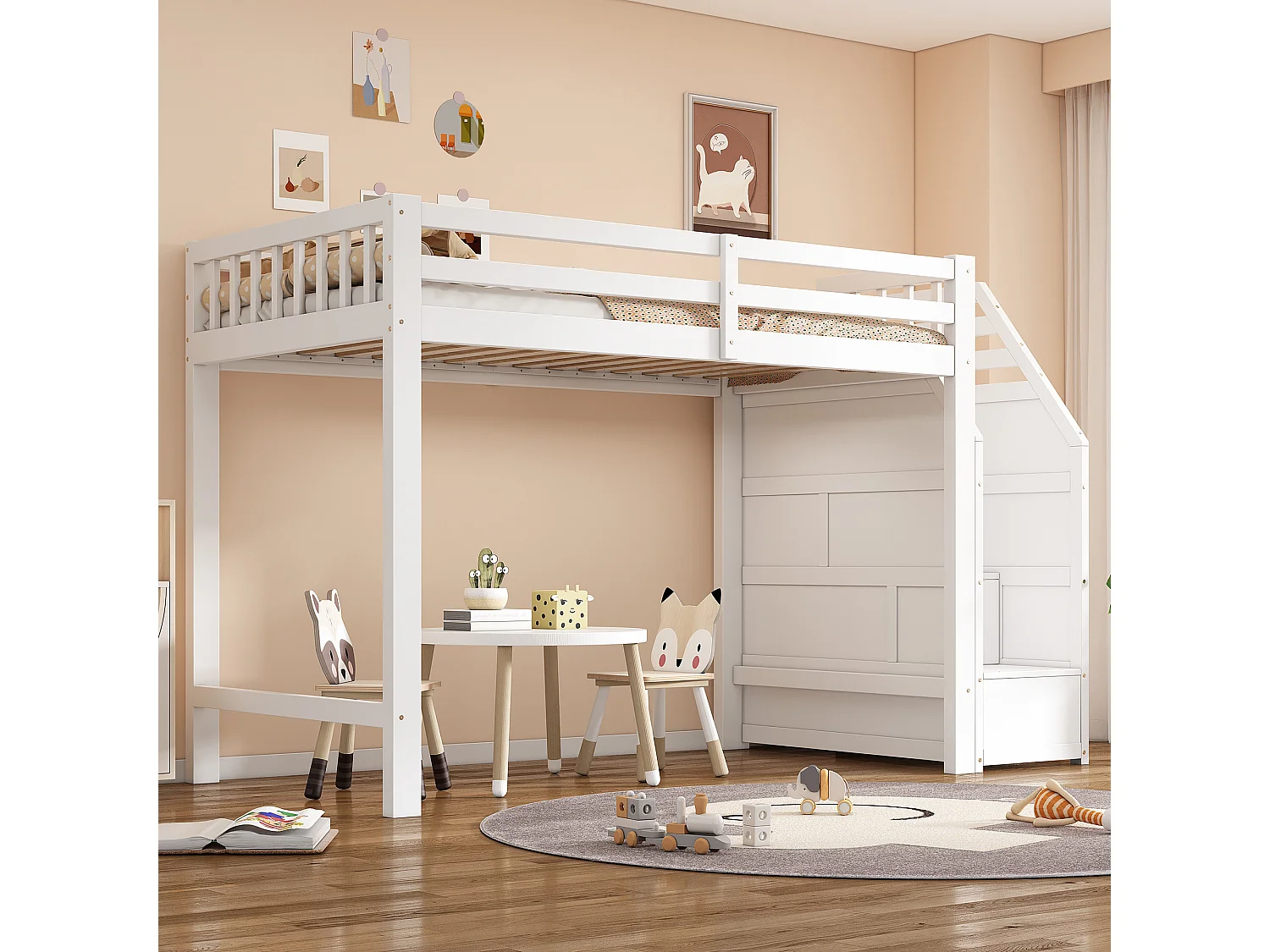 Hochbett 90 x 200 cm mit Absturzsicherung, 2 Fächern und Freiraum - Kiefer + MDF - Weiß (ohne Matratze)