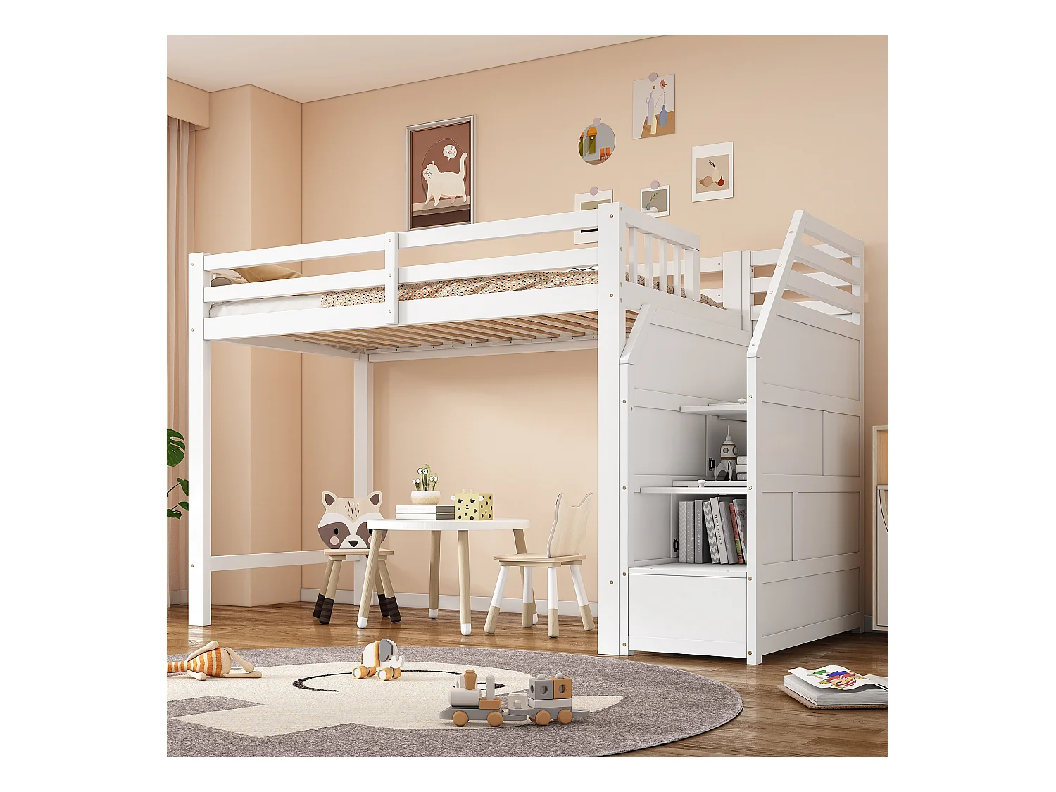 Lit mezzanine 90 x 200 cm avec barrières de protection, 2 compartiments et espace libre - Pin + MDF - Blanc (sans matelas)