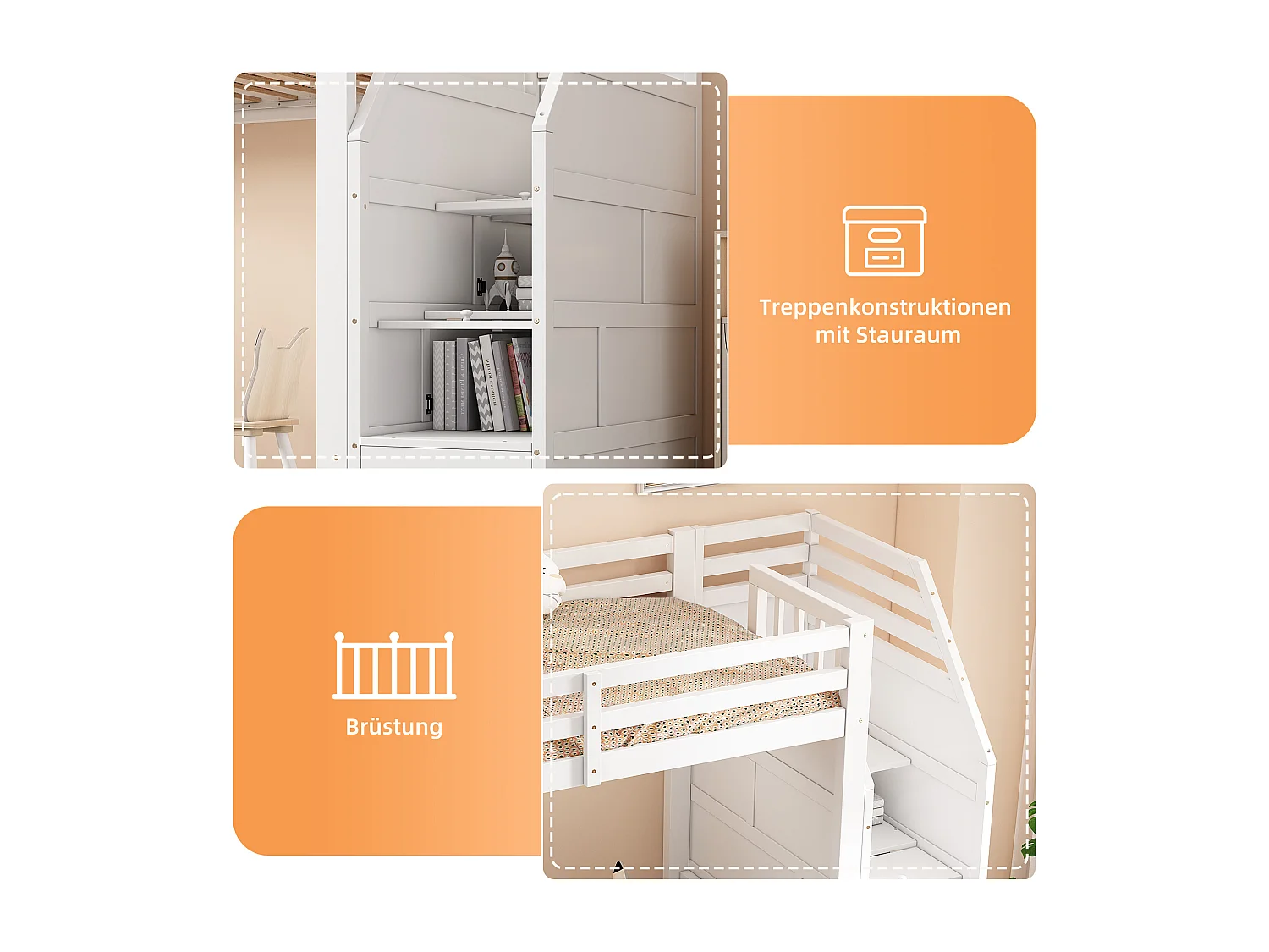 Lit mezzanine 90 x 200 cm avec barrières de protection, 2 compartiments et espace libre - Pin + MDF - Blanc (sans matelas)