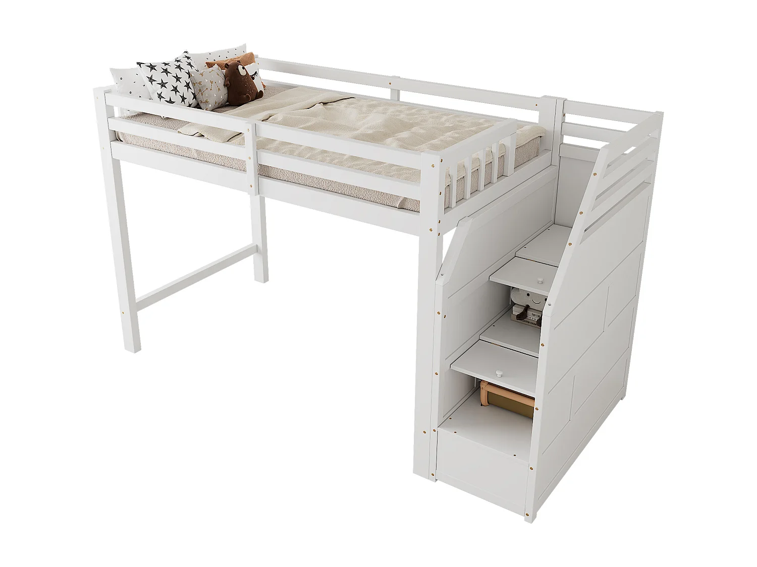 Lit mezzanine 90 x 200 cm avec barrières de protection, 2 compartiments et espace libre - Pin + MDF - Blanc (sans matelas)