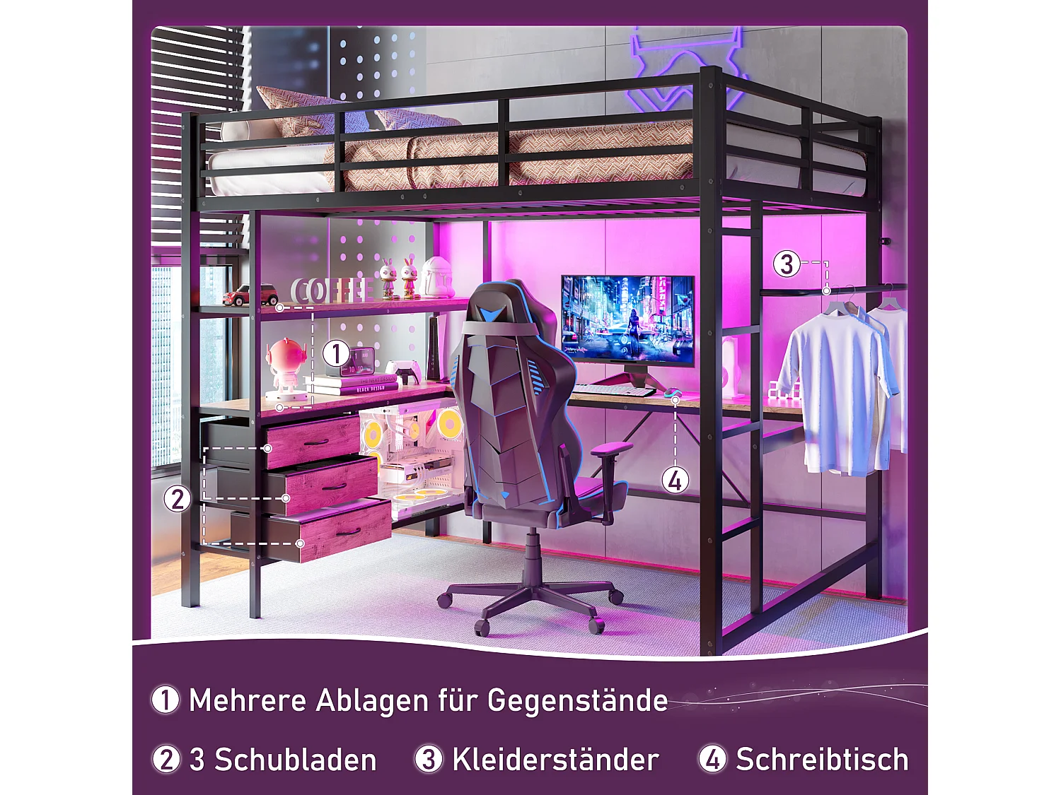 Hoogslaper 140 x 200 cm met hoekbureau, 3 lades en legplanken - USB-aansluiting en sfeerverlichting - Metaal - Zwart (zonder matras)