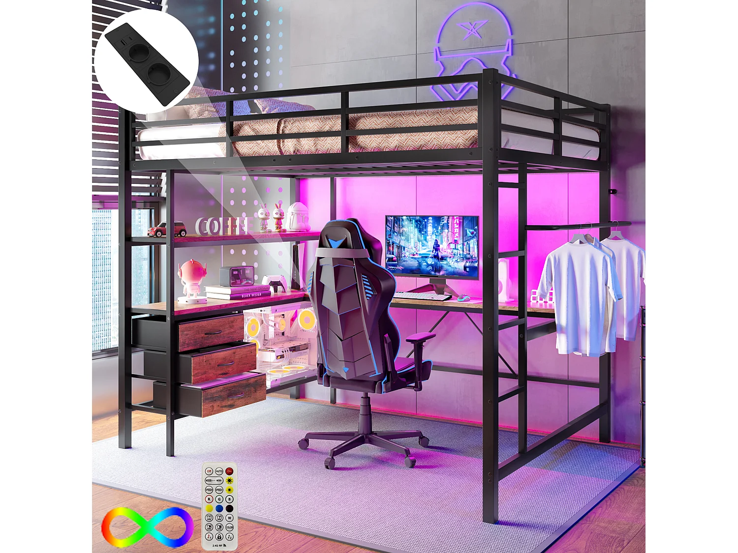 Lit mezzanine 140 x 200 cm avec bureau d'angle, 3 tiroirs et étagères - Prise USB et Lumière d'ambiance - Métal - Noir (sans matelas)