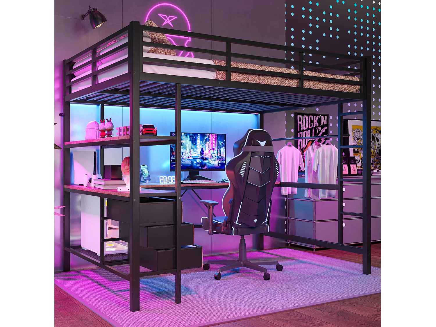 Lit mezzanine 140 x 200 cm avec bureau d'angle, 3 tiroirs et étagères - Prise USB et Lumière d'ambiance - Métal - Noir (sans matelas)