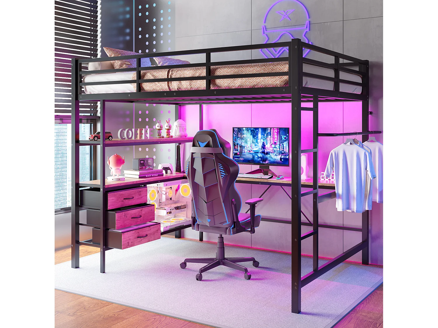 Lit mezzanine 140 x 200 cm avec bureau d'angle, 3 tiroirs et étagères - Prise USB et Lumière d'ambiance - Métal - Noir (sans matelas)