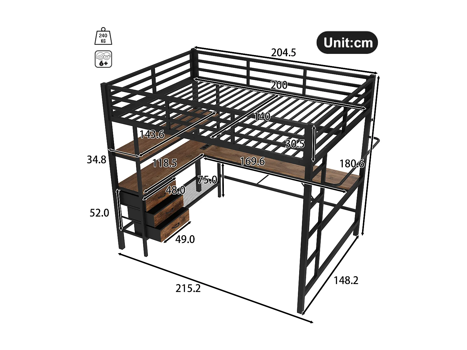 Lit mezzanine 140 x 200 cm avec bureau d'angle, 3 tiroirs et étagères - Prise USB et Lumière d'ambiance - Métal - Noir (sans matelas)