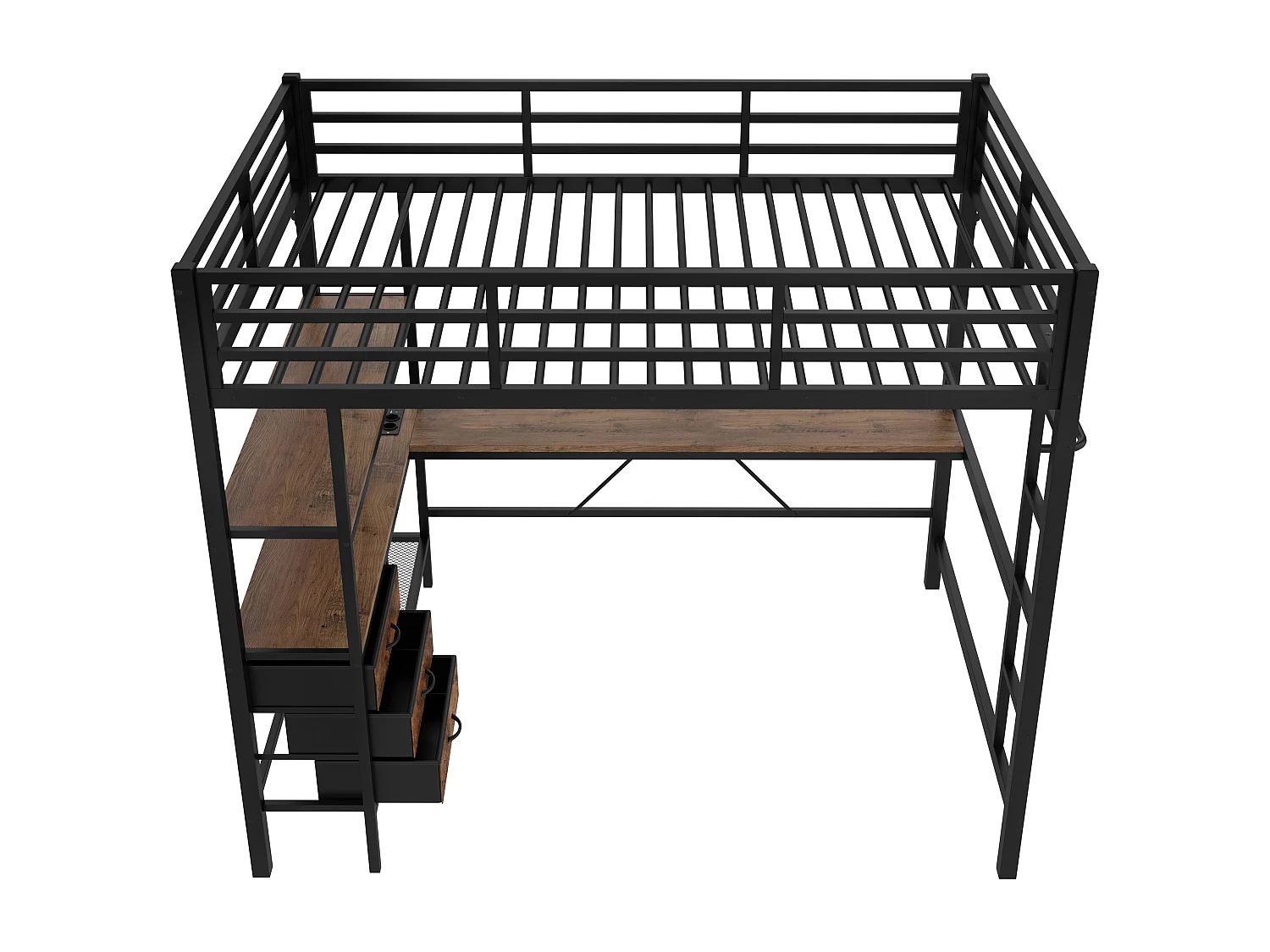 Lit mezzanine 140 x 200 cm avec bureau d'angle, 3 tiroirs et étagères - Prise USB et Lumière d'ambiance - Métal - Noir (sans matelas)