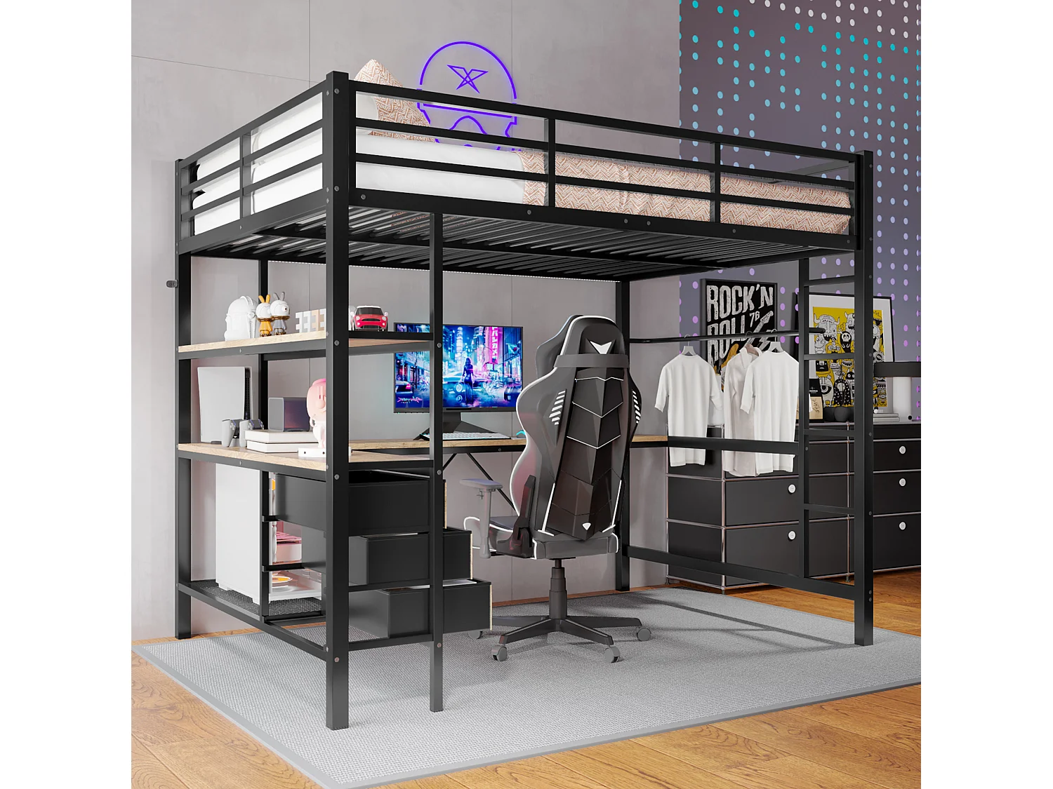 Lit mezzanine 140 x 200 cm avec bureau d'angle, 3 tiroirs et étagères - Prise USB et Lumière d'ambiance - Métal - Noir (sans matelas)