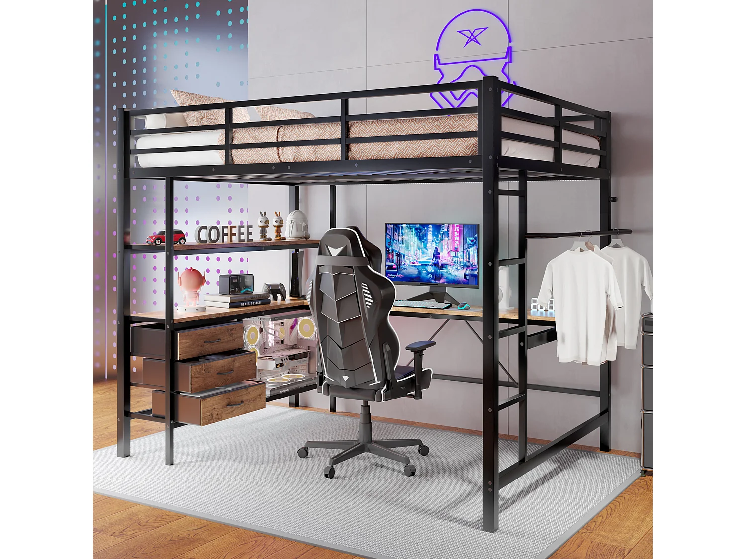 Lit mezzanine 140 x 200 cm avec bureau d'angle, 3 tiroirs et étagères - Prise USB et Lumière d'ambiance - Métal - Noir (sans matelas)