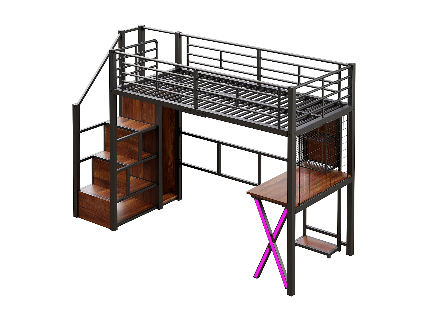 Lit mezzanine 90 x 200 cm avec bureau, penderie, étagères - Lumière d'ambiance - Métal - Noir (sans matelas)